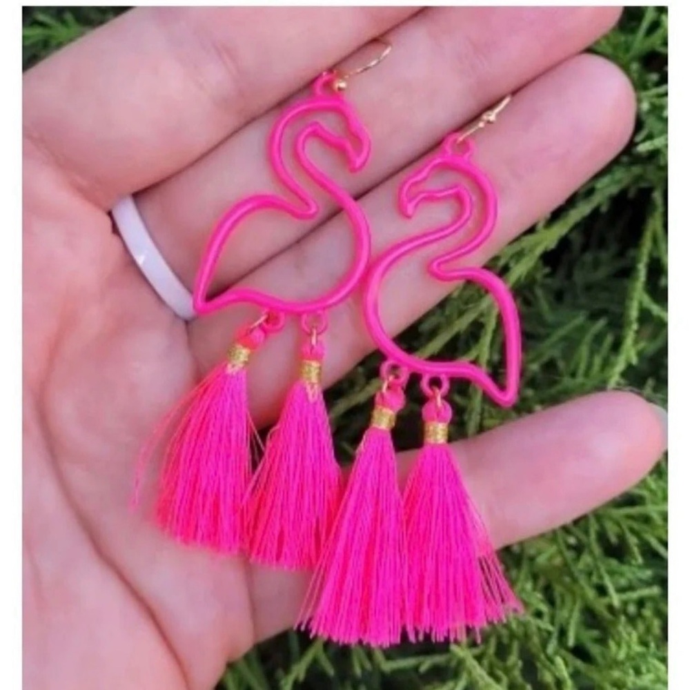 NEW Pink Flamingo Tassel Fringe Earrings